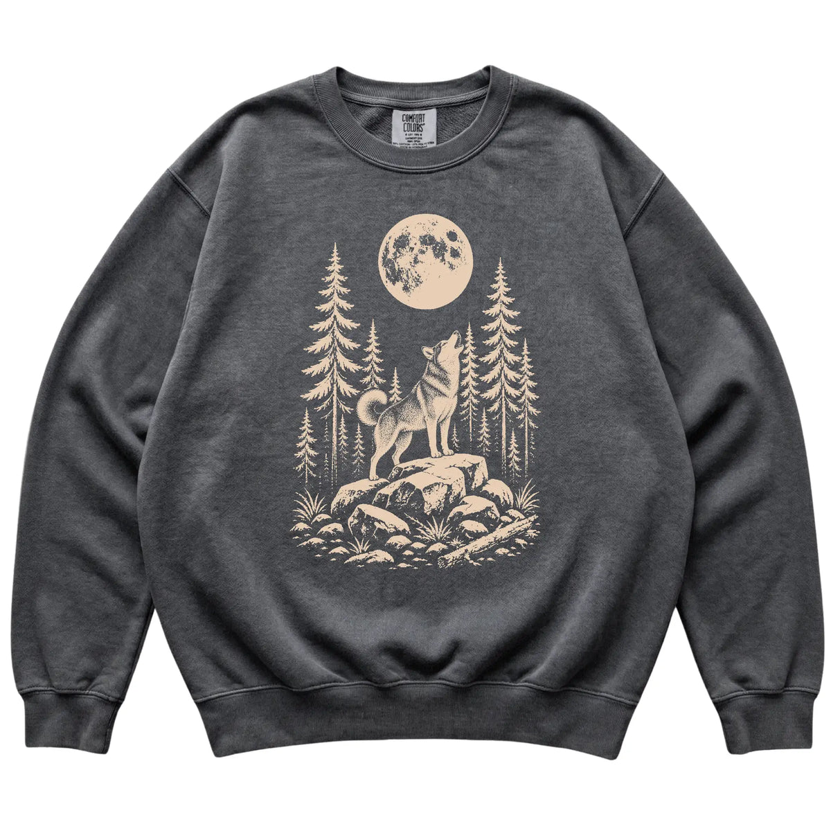 Close view of Husky Howling at the Moon artwork on Pepper Comfort Colors sweatshirt