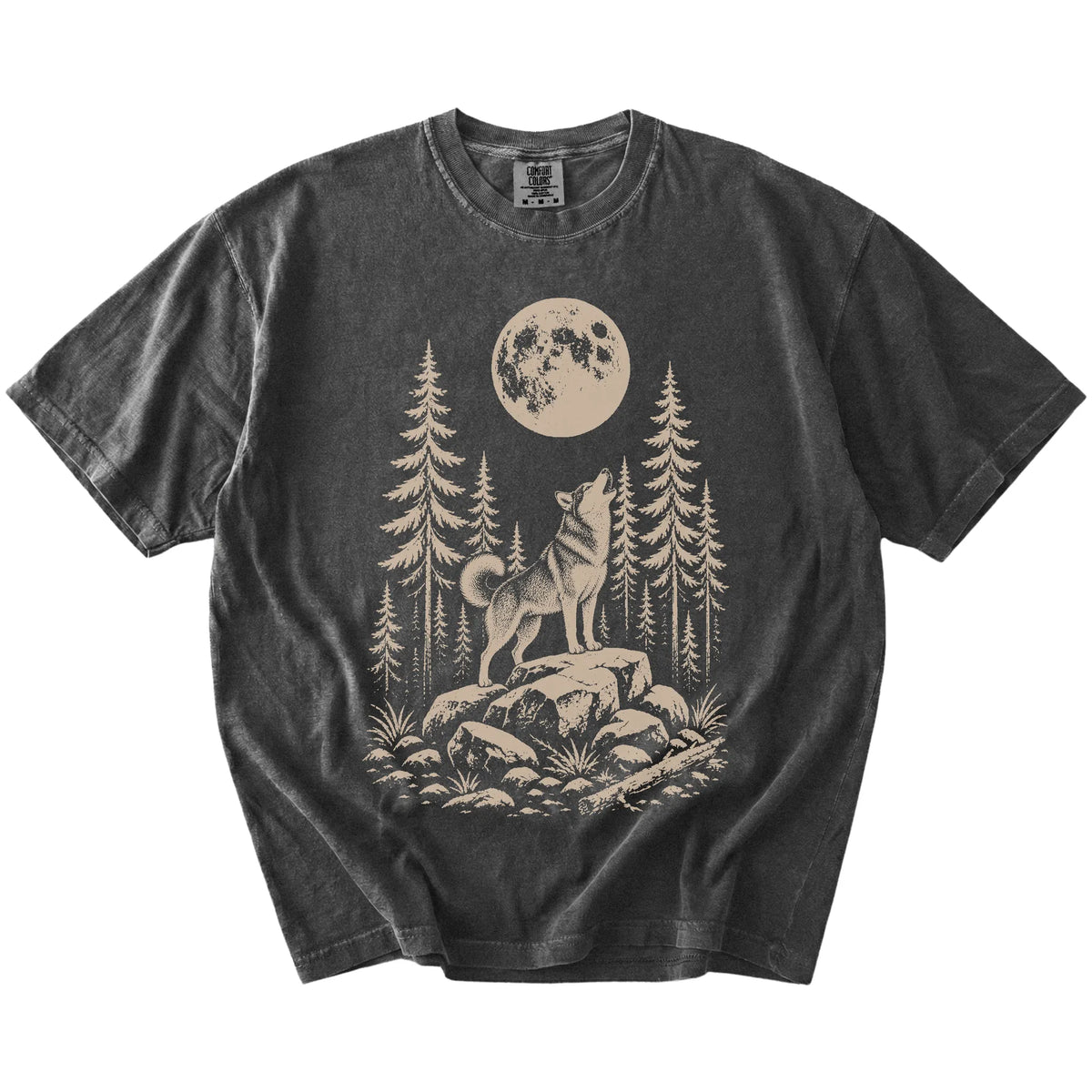 Husky howling beneath the moon and pine trees on a Pepper Comfort Colors® T-shirt
