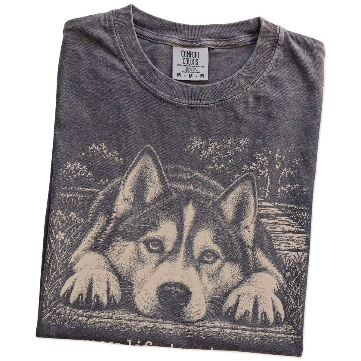 Husky Karma Comfort Colors T-shirt in Pepper — Folded Detail