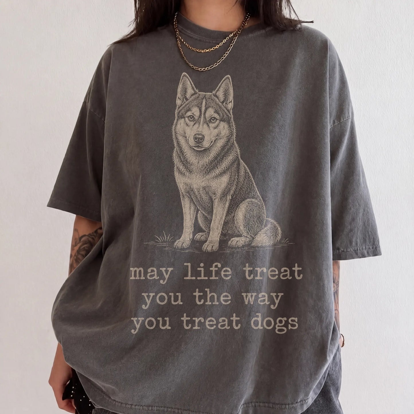 Woman wearing a Pepper Husky Karma T-Shirt