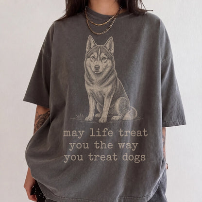 Woman wearing a Pepper Husky Karma T-Shirt