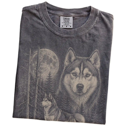 Folded Pepper Husky Moonlit Forest T-Shirt showing the graphic