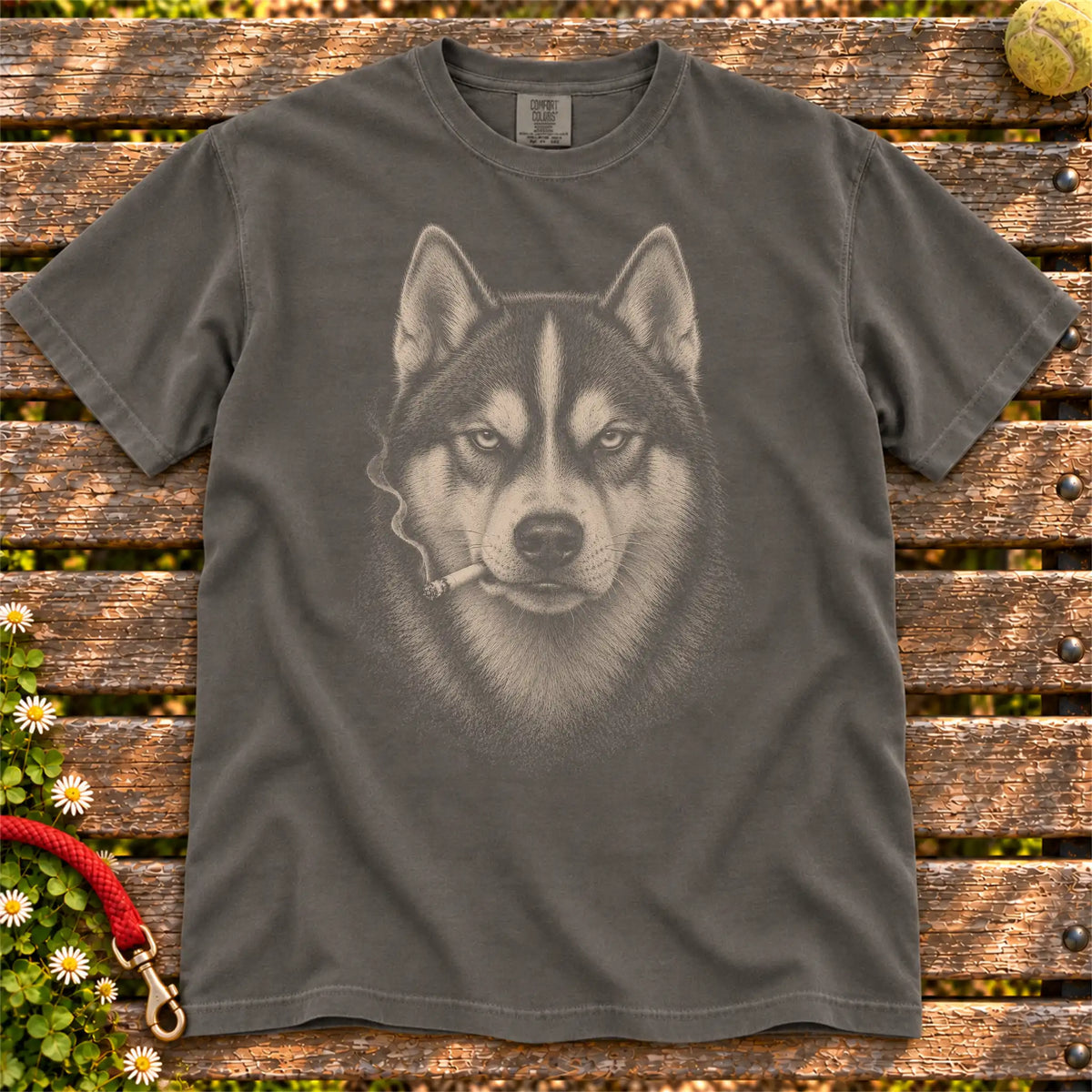 Husky smoking design on a Pepper t-shirt