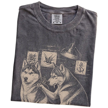 Folded Pepper Husky Tattoo t-shirt showing the graphic