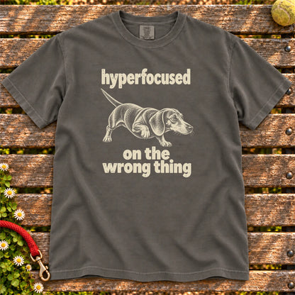 Pepper T-shirt with Dachshund “hyperfocused on the wrong thing” design