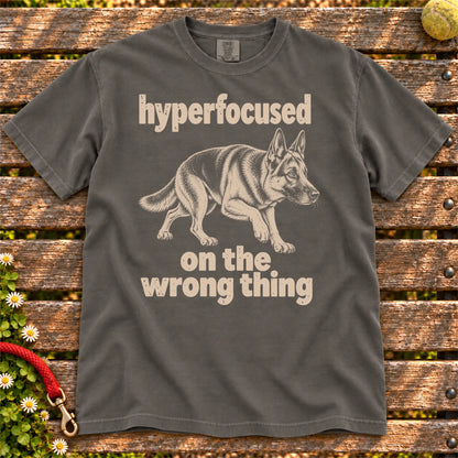 Pepper T-shirt with German Shepherd “hyperfocused on the wrong thing” design