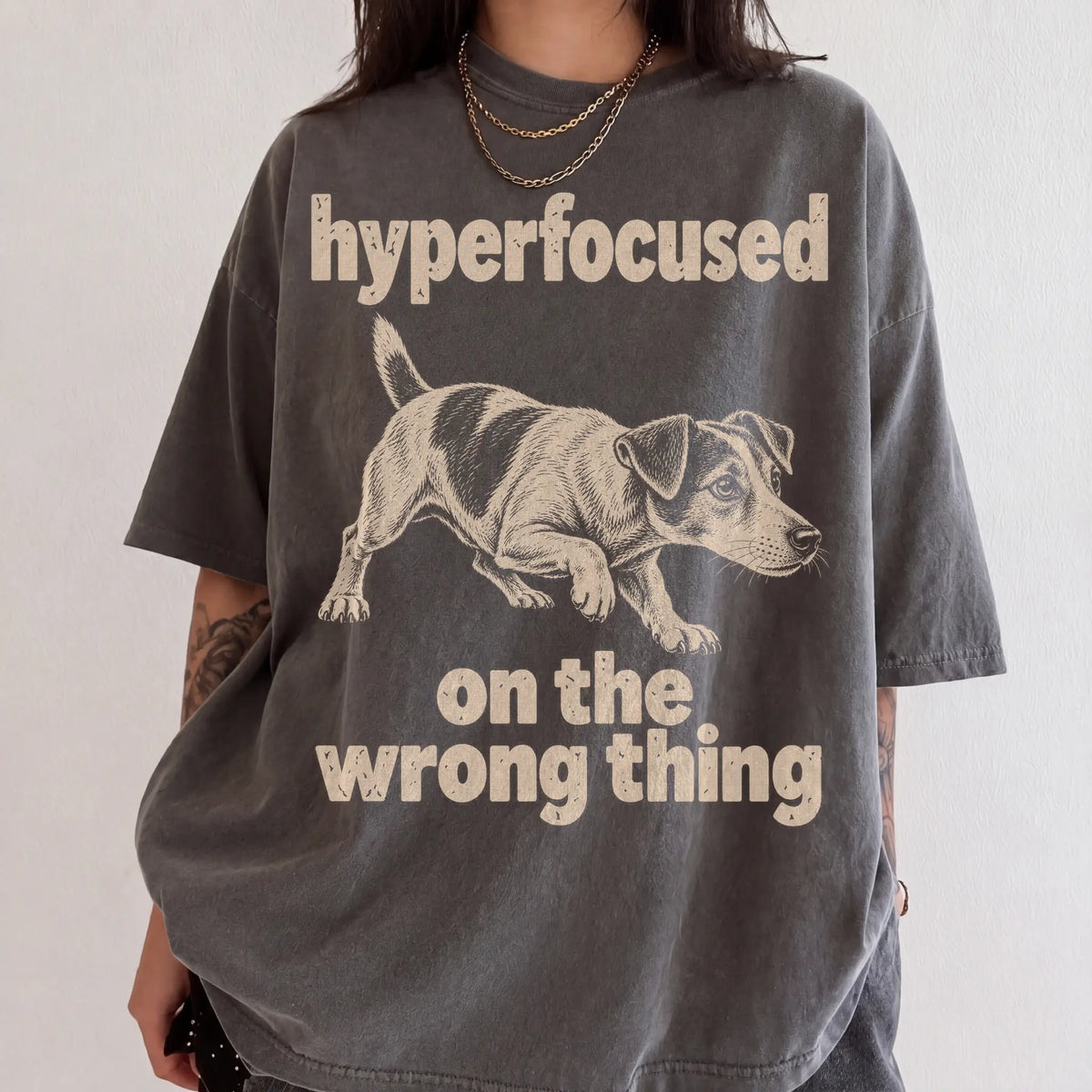 Person wearing a Pepper T-shirt with Jack Russell “hyperfocused on the wrong thing” design