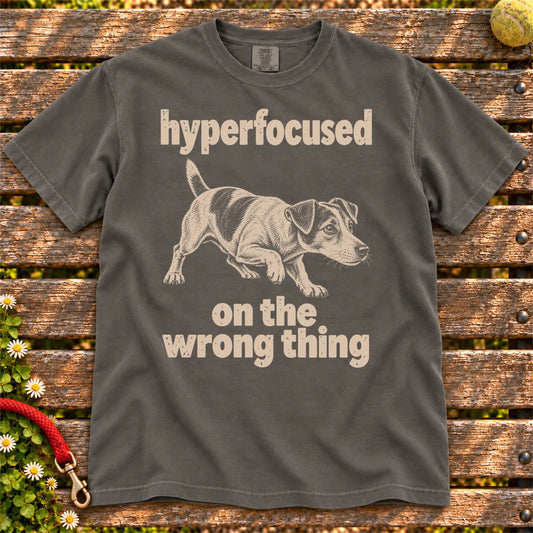 Pepper T-shirt with Jack Russell “hyperfocused on the wrong thing” design