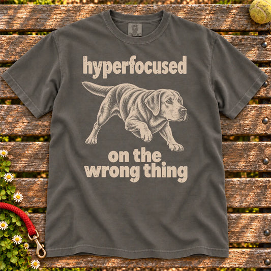 Pepper T-shirt with Labrador Retriever “hyperfocused on the wrong thing” design