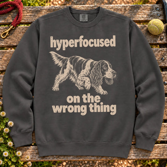 Pepper sweatshirt with Springer Spaniel “hyperfocused on the wrong thing” design