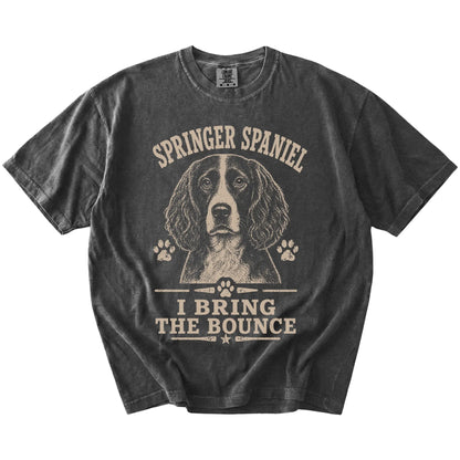 Springer Spaniel design with “I Bring The Bounce” lettering on a Pepper Comfort Colors® T-shirt