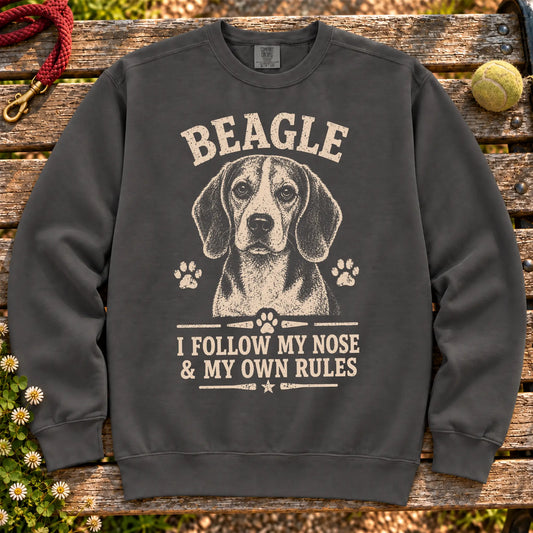 Pepper Comfort Colors® sweatshirt featuring I Follow My Nose & My Own Rules - Beagle, laid-flat presentation