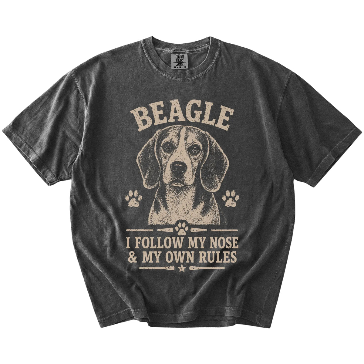 Beagle design with “I Follow My Nose & My Own Rules” lettering on a Pepper Comfort Colors® T-shirt