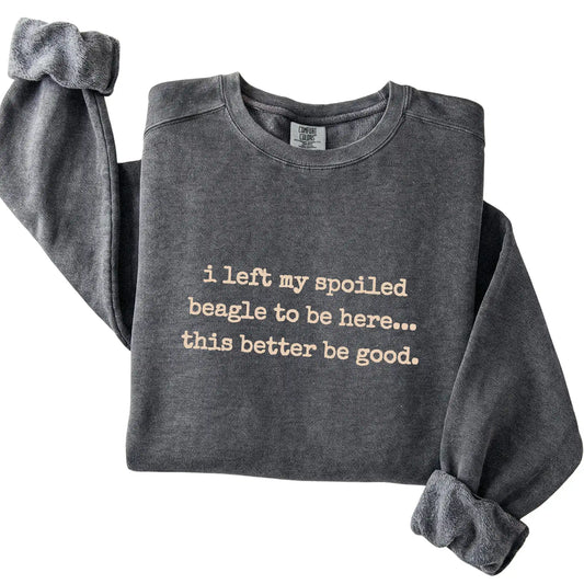 Pepper I Left My Spoiled Beagle Comfort Colors sweatshirt folded to show the printed design