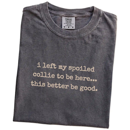 Folded Pepper Comfort Colors® T-shirt showing the “I Left My Spoiled Collie Home” saying