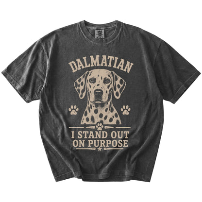 Dalmatian design with “I Stand Out On Purpose” lettering on a Pepper Comfort Colors® T-shirt