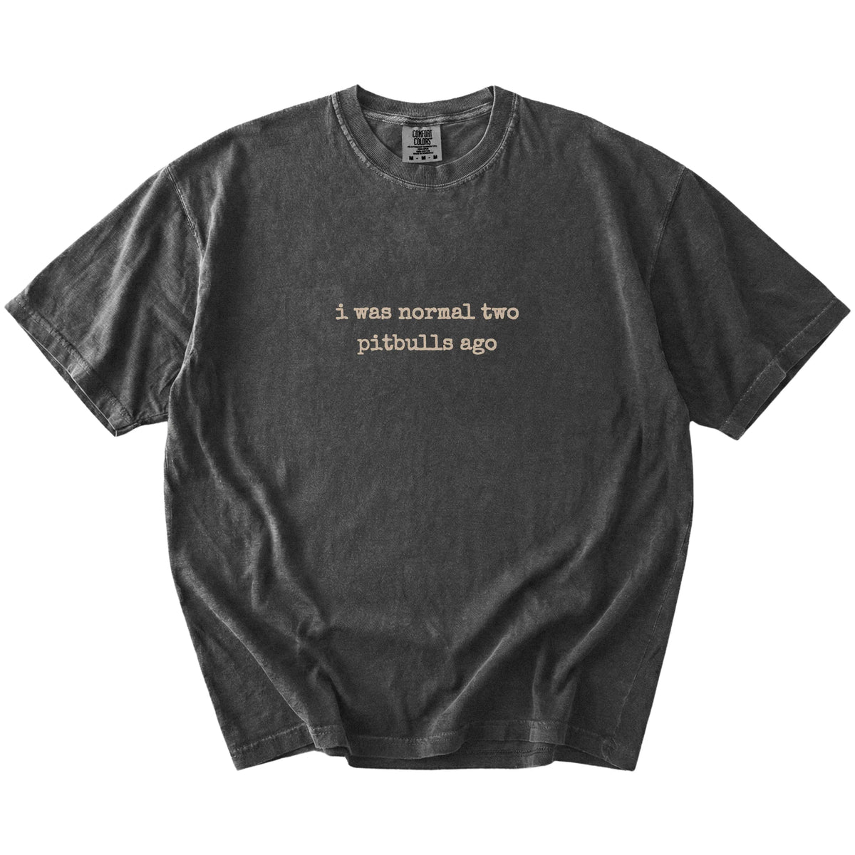 I Was Normal Two Pitbulls Ago lettering on a Pepper Comfort Colors® T-shirt