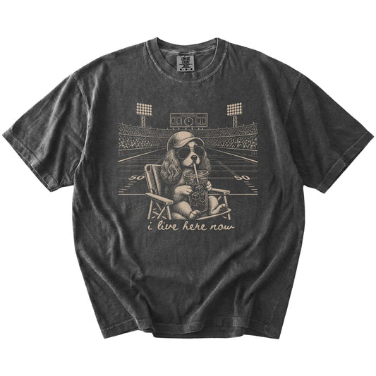 Cavalier King Charles Spaniel claiming the football field with “I Live Here Now” lettering on a Pepper Comfort Colors® T-shir