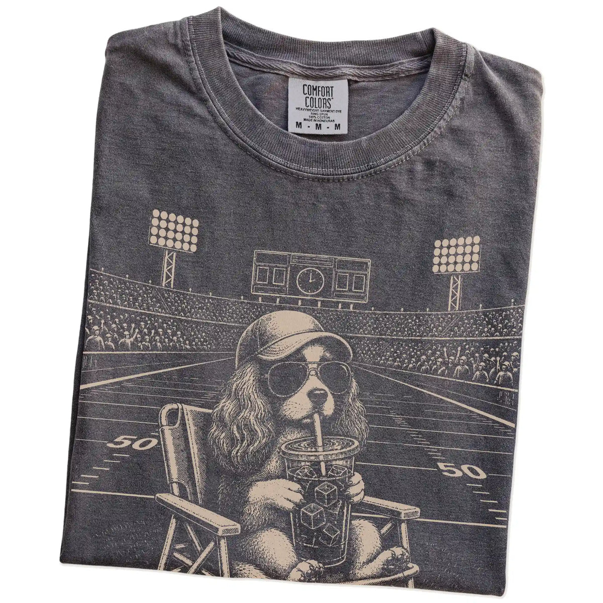 Folded Pepper Comfort Colors® T-shirt showing Cavalier King Charles Spaniel claiming the football field with “I Live Here Now