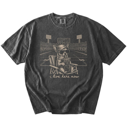 Chihuahua claiming the football field with “I Live Here Now” lettering on a Pepper Comfort Colors® T-shirt