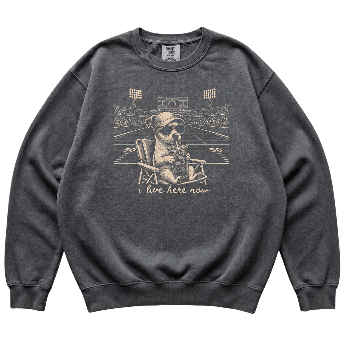 Pepper I live here now Jack Russell sweatshirt, laid flat