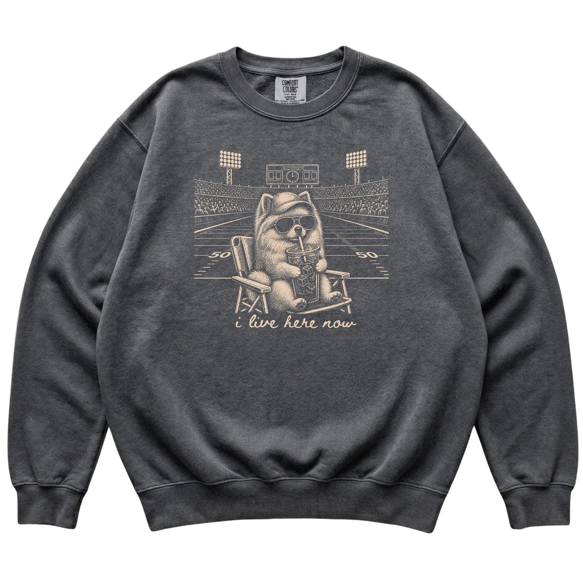 Pepper I live here now Pomeranian sweatshirt, laid flat