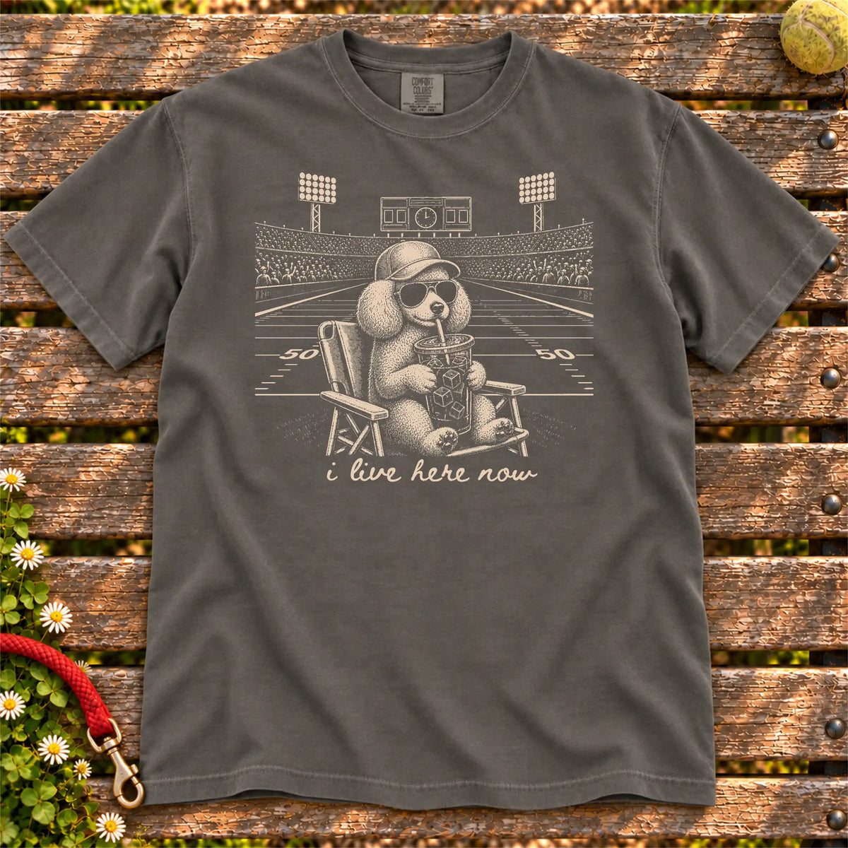 Poodle Iced Coffee Football design on a Pepper Comfort Colors T-shirt, shown flat