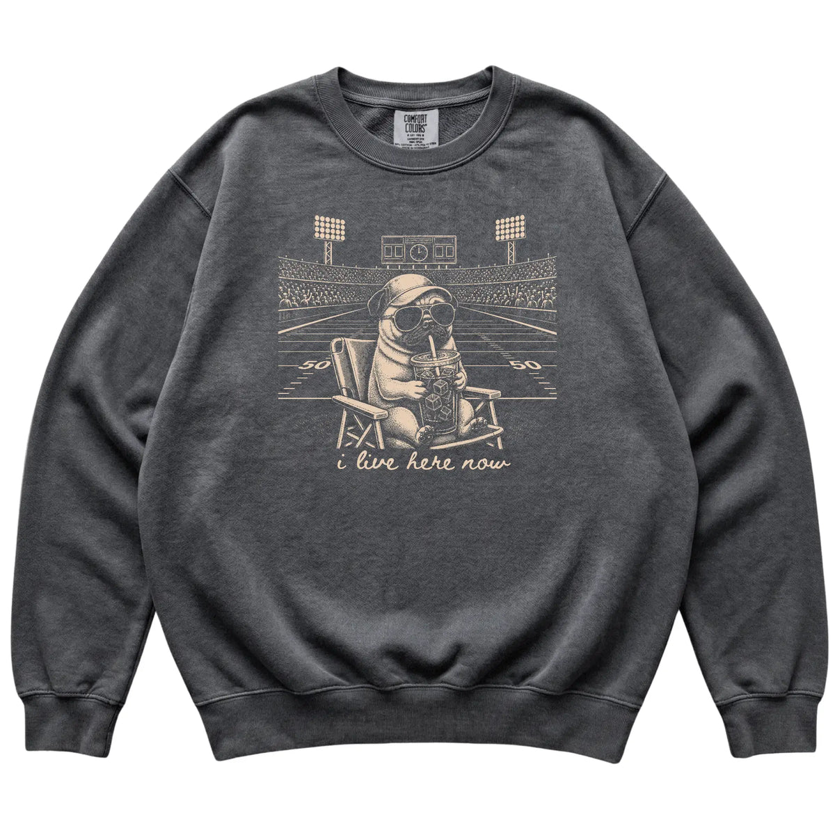 Pepper I live here now Pug sweatshirt, laid flat