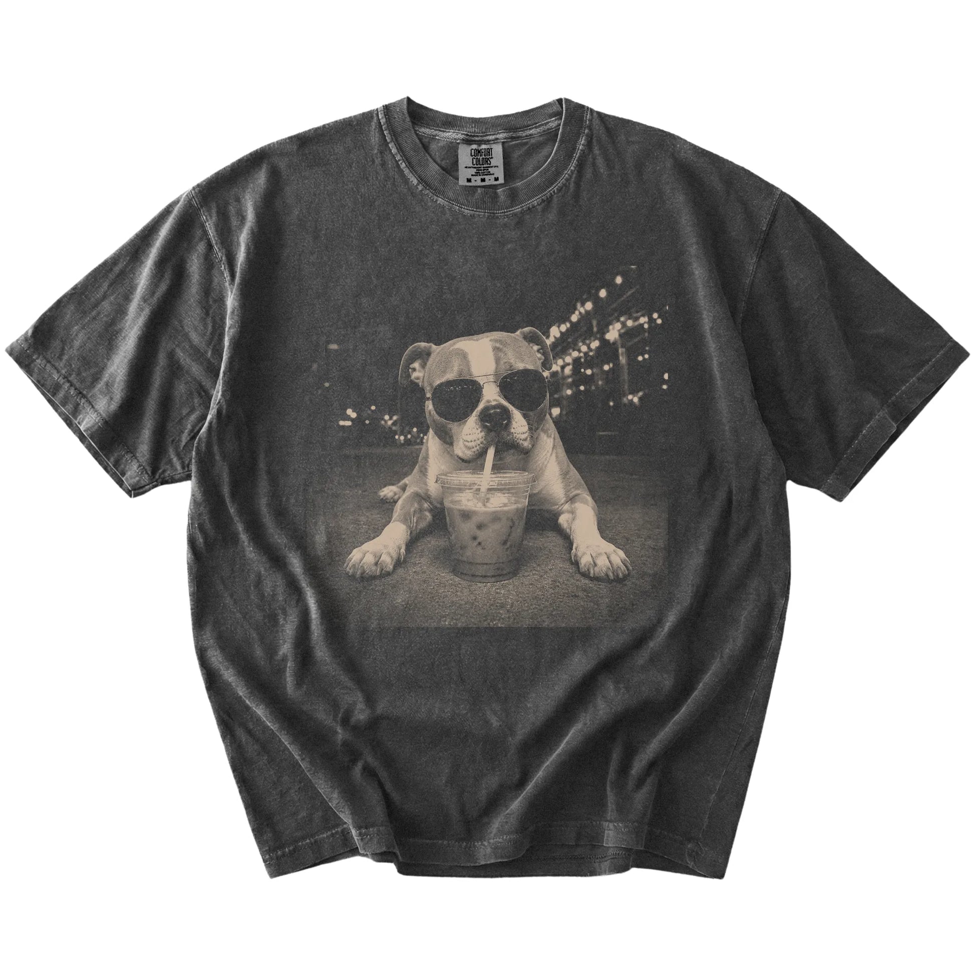 American Bulldog with iced coffee in a retro grunge design on a Pepper Comfort Colors® T-shirt