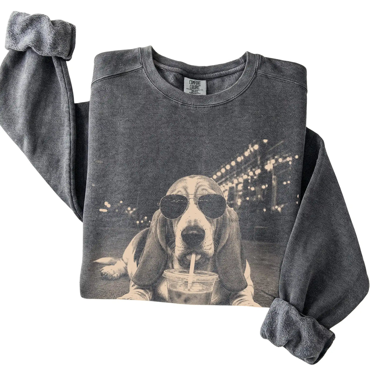 Basset Hound wearing aviator sunglasses and drinking iced coffee on a Pepper Comfort Colors 1566 Sweatshirt, folded view