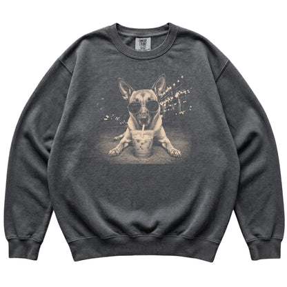 Belgian Malinois wearing aviator sunglasses and drinking iced coffee on a Pepper Comfort Colors 1566 Sweatshirt, flat lay view