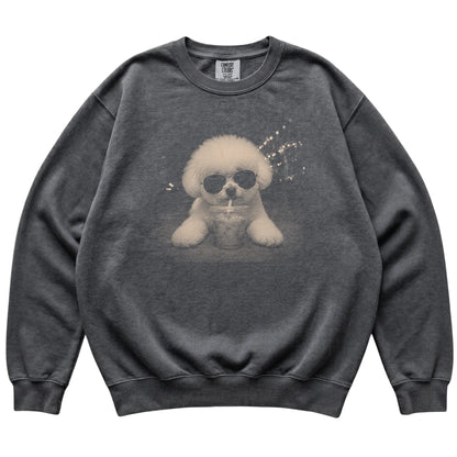 Bichon Frise wearing aviator sunglasses and drinking iced coffee on a Pepper Comfort Colors 1566 Sweatshirt, flat lay view
