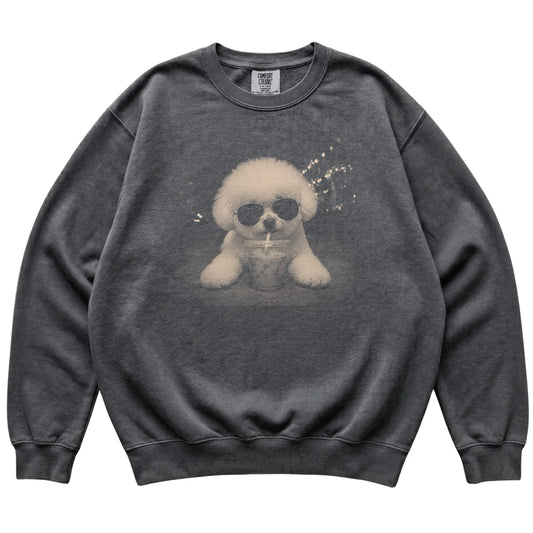 Bichon Frise wearing aviator sunglasses and drinking iced coffee on a Pepper Comfort Colors 1566 Sweatshirt, flat lay view