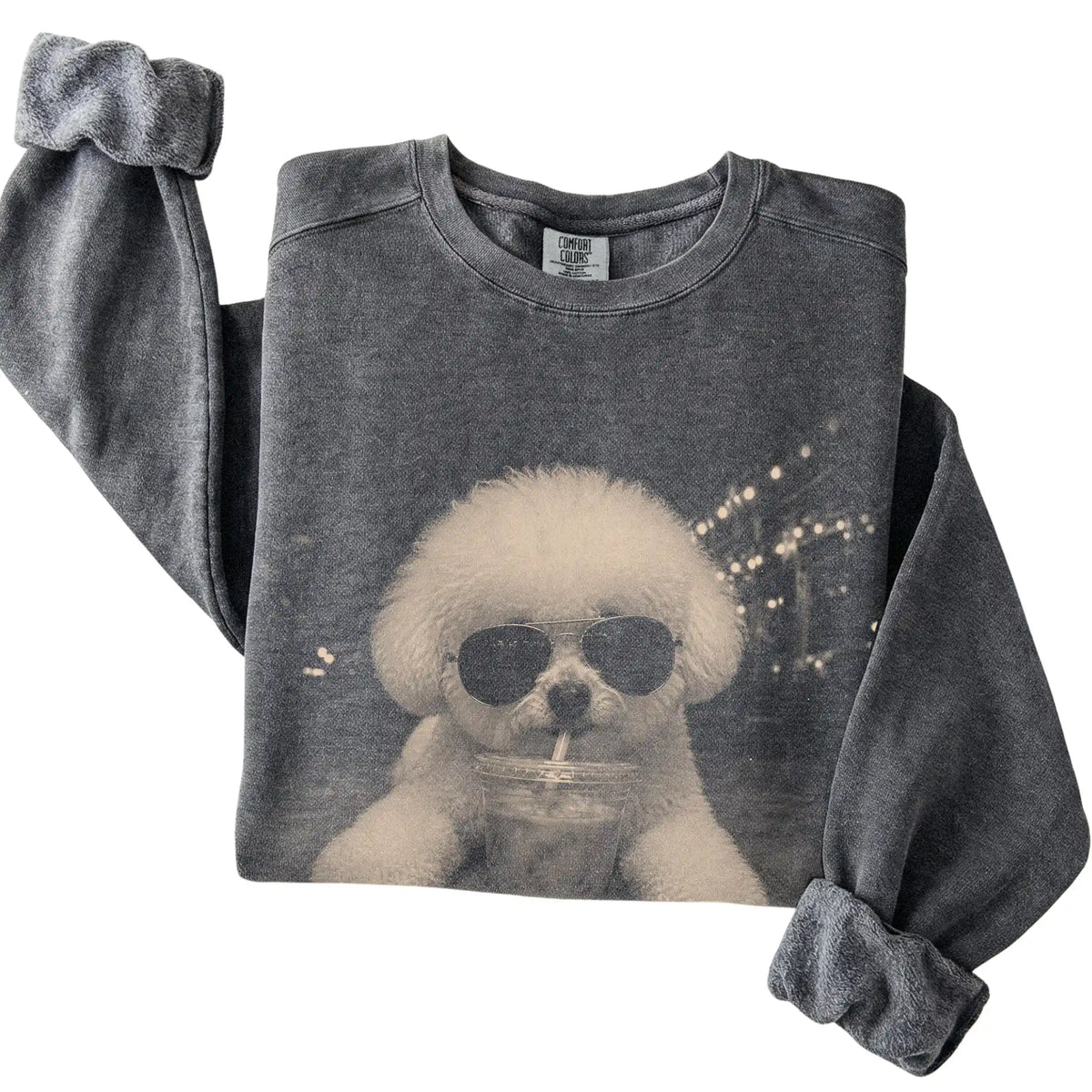 Bichon Frise wearing aviator sunglasses and drinking iced coffee on a Pepper Comfort Colors 1566 Sweatshirt, folded view