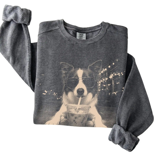 Border Collie wearing aviator sunglasses and drinking iced coffee on a Pepper Comfort Colors 1566 Sweatshirt, folded view