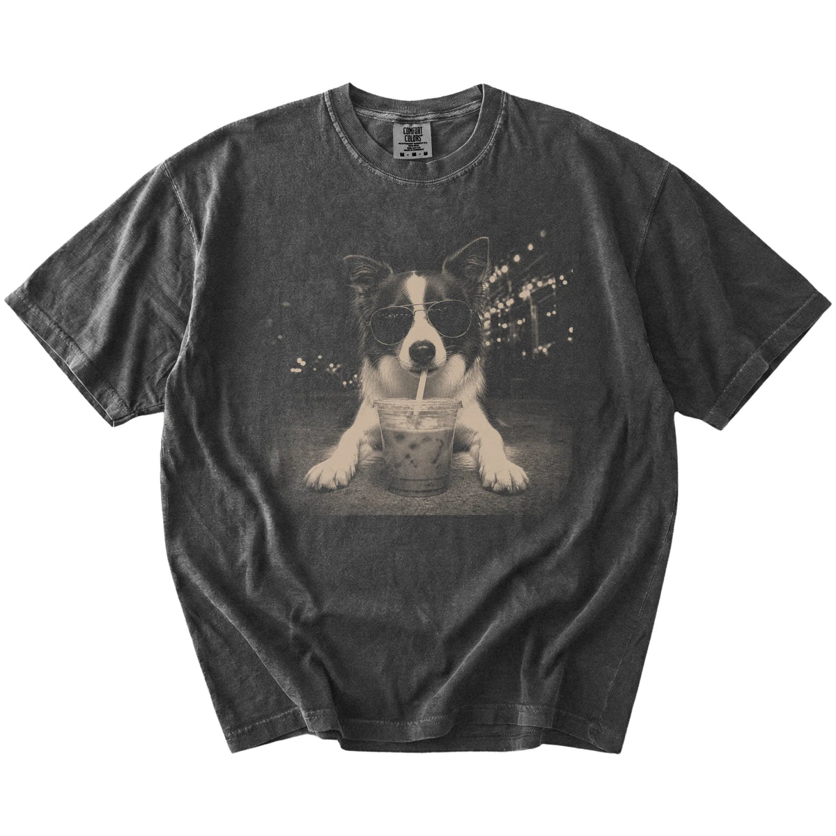 Border Collie with iced coffee in a retro grunge design on a Pepper Comfort Colors® T-shirt