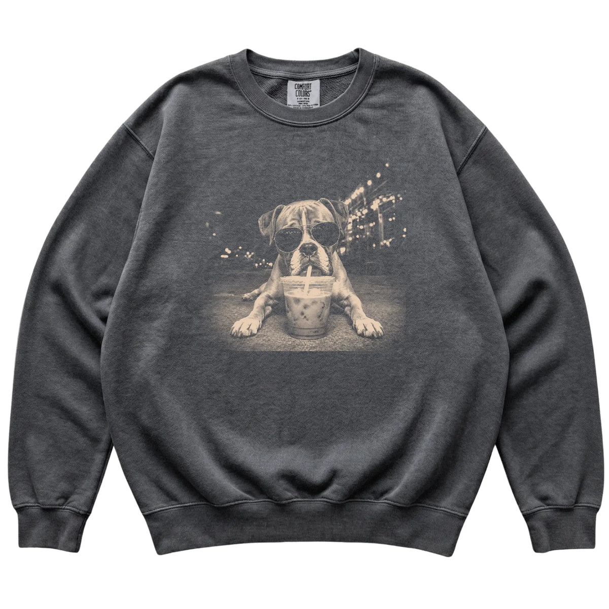 Boxer wearing aviator sunglasses and drinking iced coffee on a Pepper Comfort Colors 1566 Sweatshirt, flat lay view
