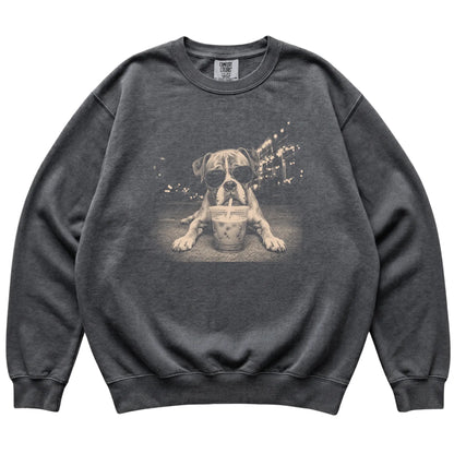 Boxer wearing aviator sunglasses and drinking iced coffee on a Pepper Comfort Colors 1566 Sweatshirt, flat lay view