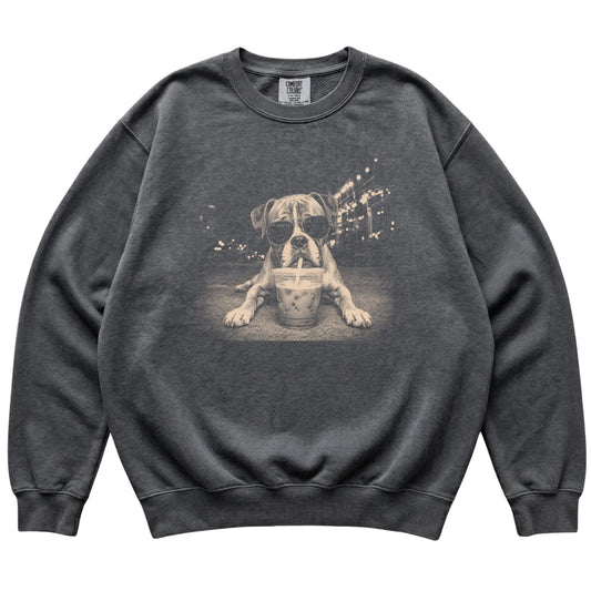 Boxer wearing aviator sunglasses and drinking iced coffee on a Pepper Comfort Colors 1566 Sweatshirt, flat lay view
