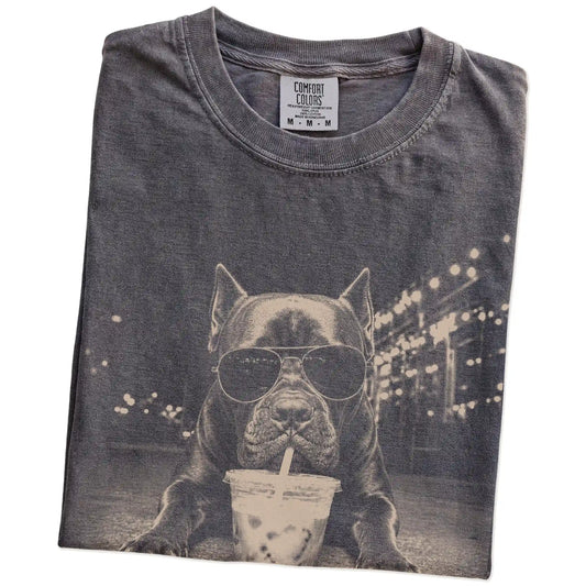 Folded Pepper Comfort Colors® T-shirt showing Cane Corso with iced coffee in a retro grunge design