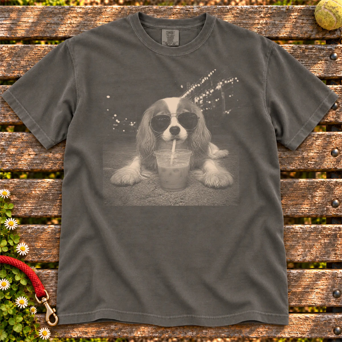 Cavalier King Charles Spaniel Iced Coffee Comfort Colors T-shirt in Pepper