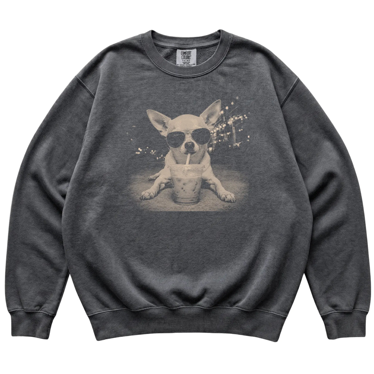 Chihuahua wearing aviator sunglasses and drinking iced coffee on a Pepper Comfort Colors 1566 Sweatshirt, flat lay view