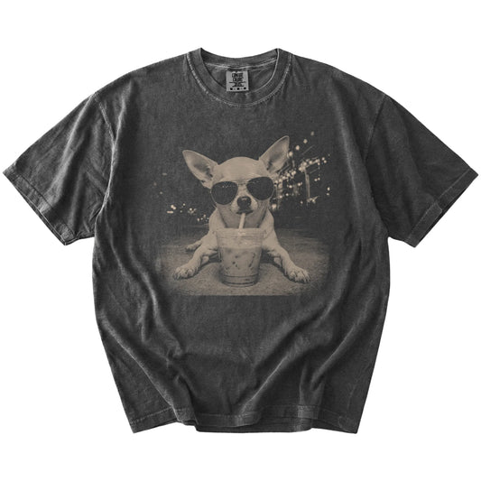 Chihuahua with iced coffee in a retro grunge design on a Pepper Comfort Colors® T-shirt