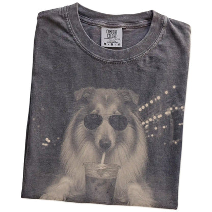 Folded Pepper Comfort Colors® T-shirt showing Collie with iced coffee in a retro grunge design