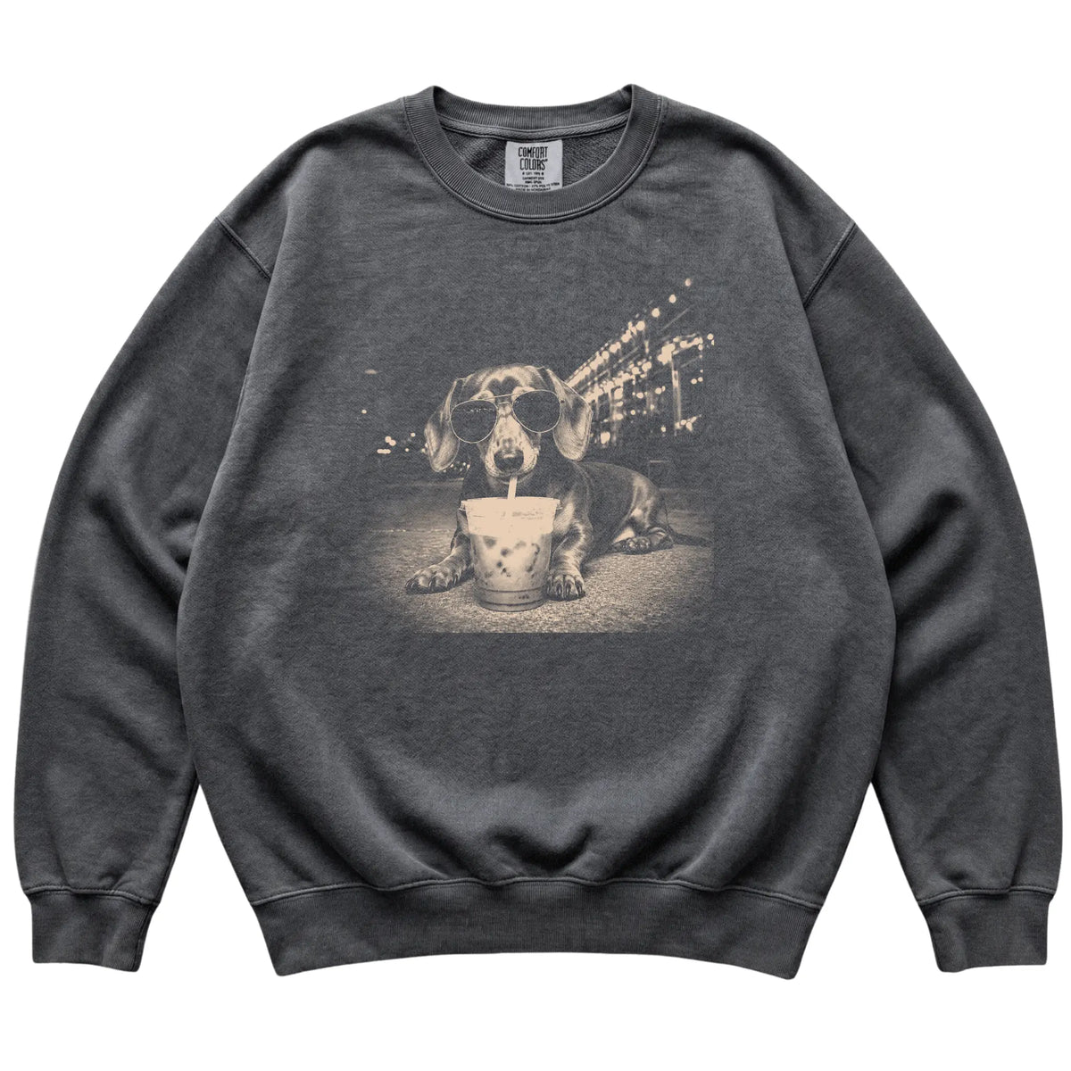 Dachshund wearing aviator sunglasses and drinking iced coffee on a Pepper Comfort Colors 1566 Sweatshirt, flat lay view
