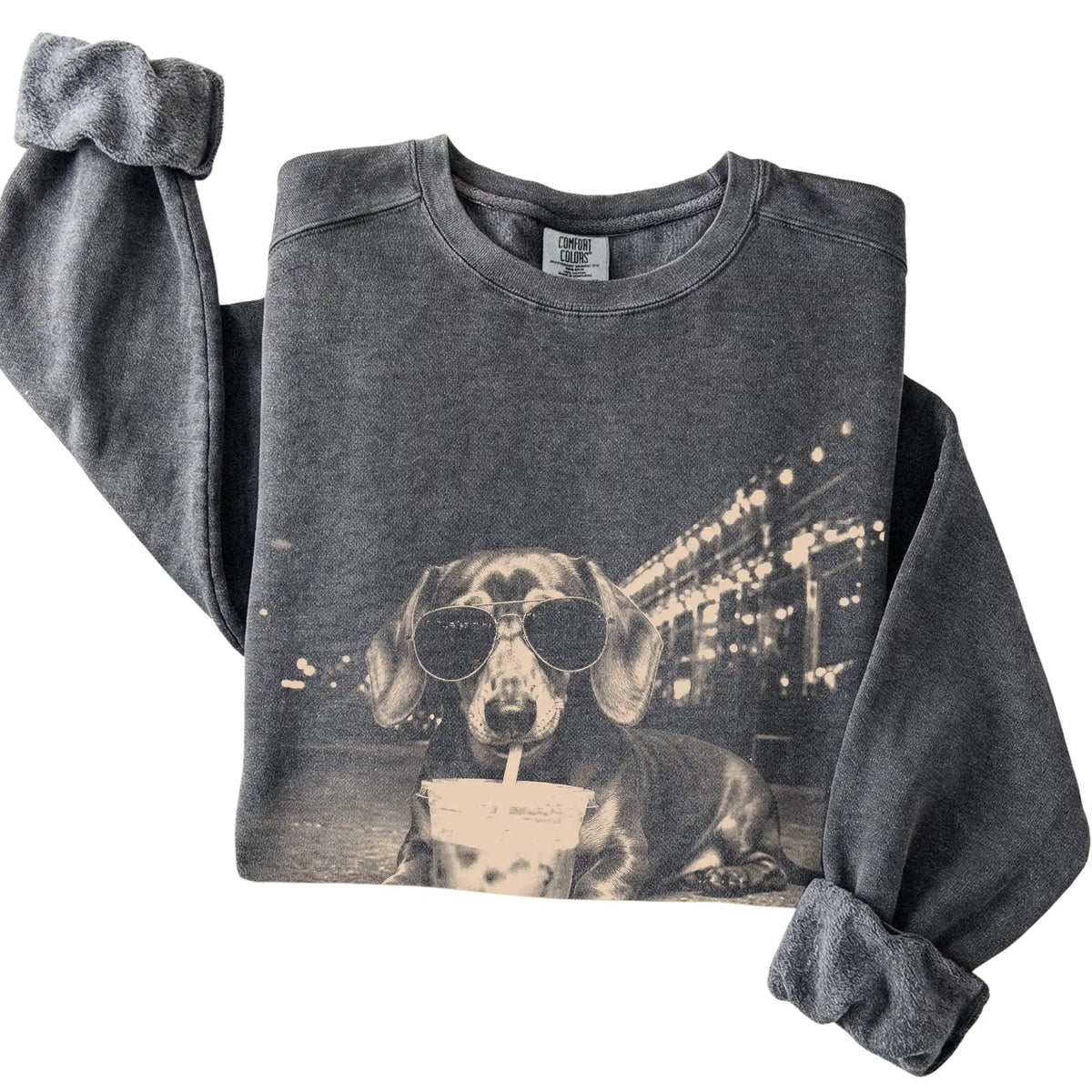 Dachshund wearing aviator sunglasses and drinking iced coffee on a Pepper Comfort Colors 1566 Sweatshirt, folded view