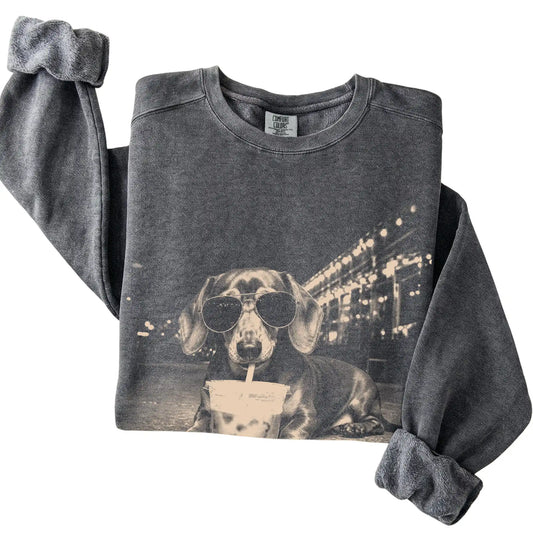 Dachshund wearing aviator sunglasses and drinking iced coffee on a Pepper Comfort Colors 1566 Sweatshirt, folded view