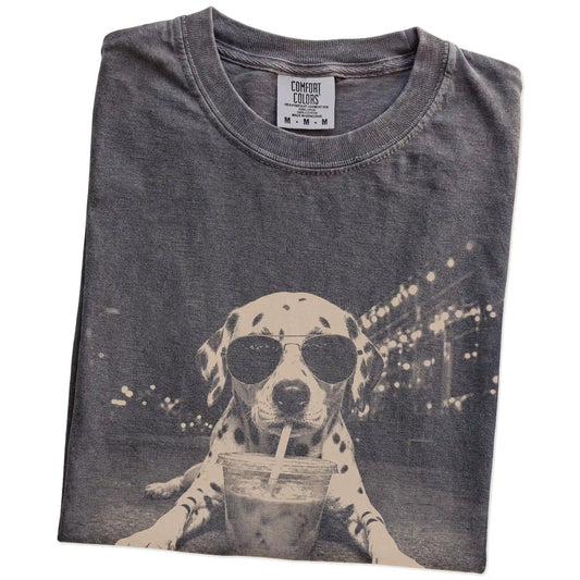 Folded Pepper Comfort Colors® T-shirt showing Dalmatian with iced coffee in a retro grunge design