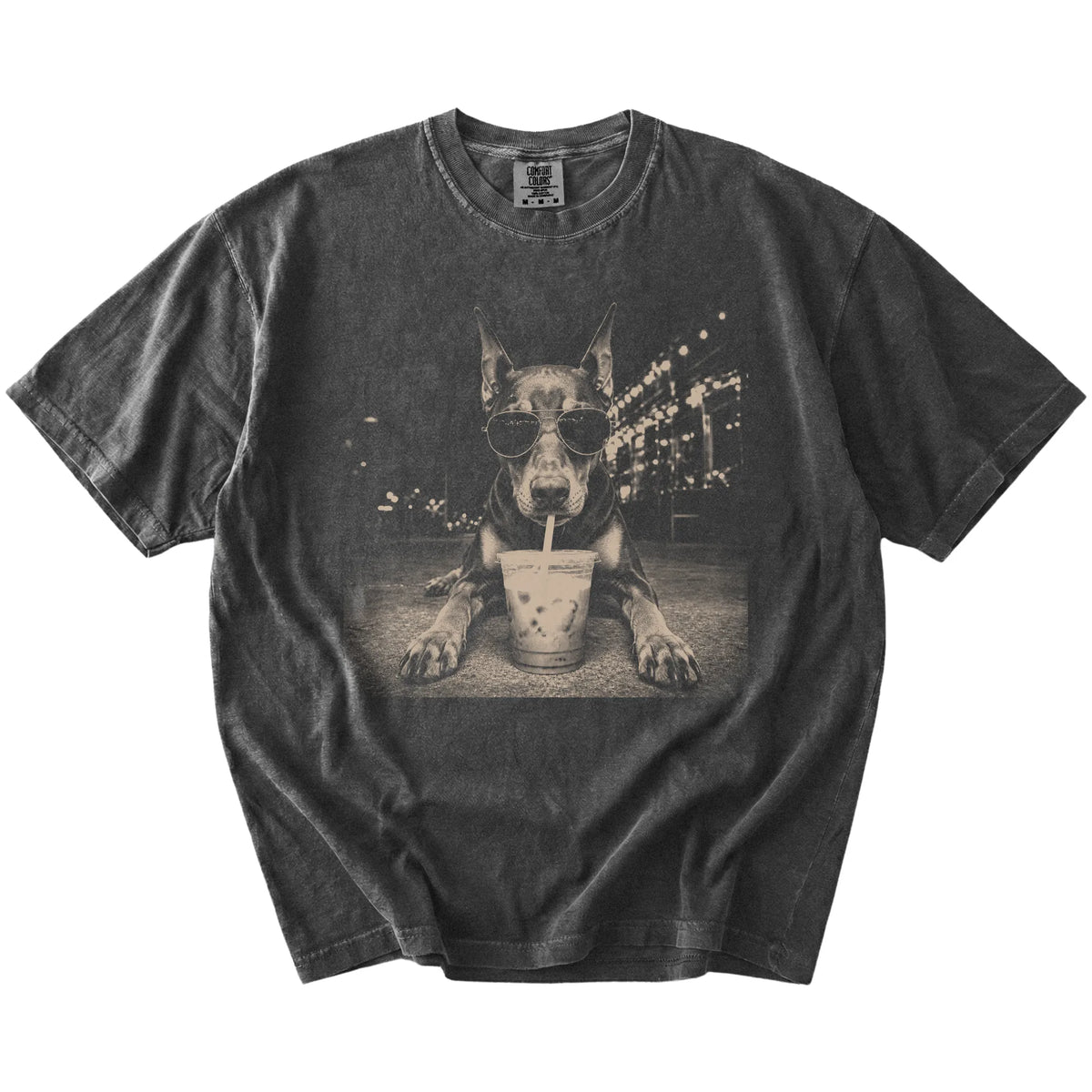Doberman with iced coffee in a retro grunge design on a Pepper Comfort Colors® T-shirt