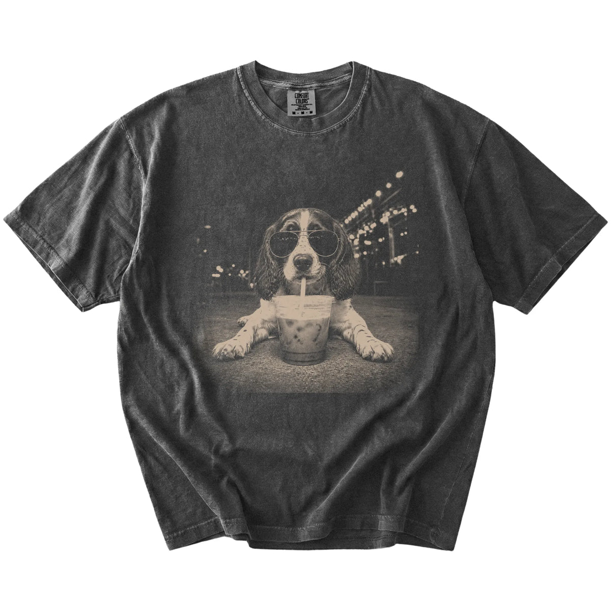English Springer Spaniel with iced coffee in a retro grunge design on a Pepper Comfort Colors® T-shirt